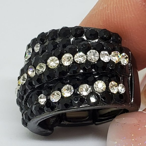 Pave' Black and Clear Rhinestone Cigar Band Fashion Stretch Ring - Picture 2 of 10